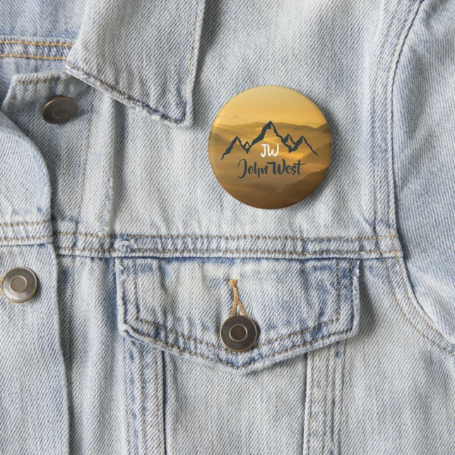 Gold sunrise personalizable mountains monogram 2 inch round button (In Situ)