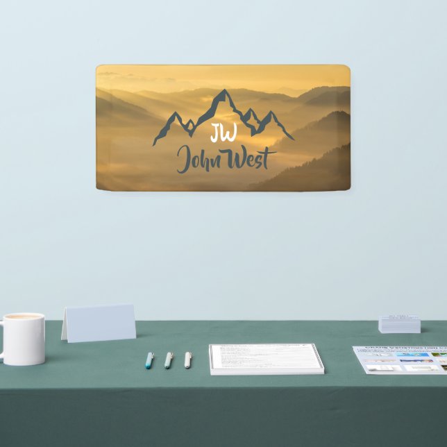 Gold sunrise personalizable mountains monogram banner (Tradeshow)