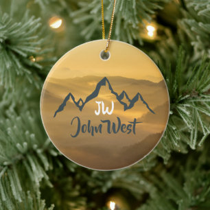Gold sunrise personalizable mountains monogram ceramic ornament