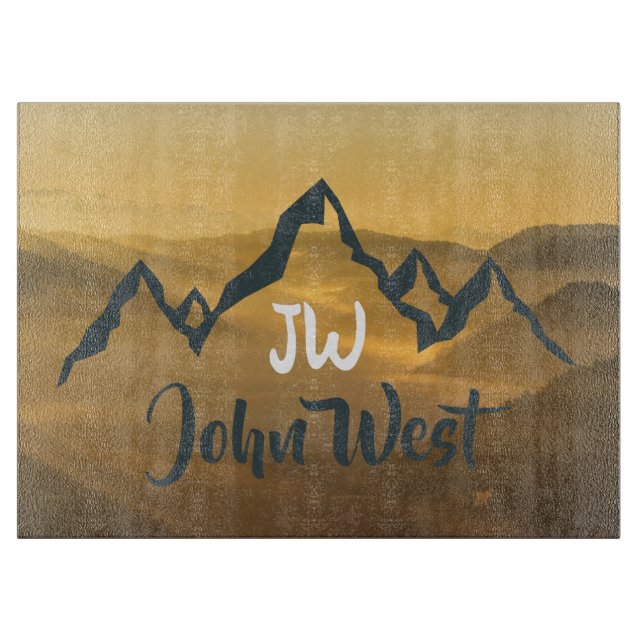 Gold sunrise personalizable mountains monogram cutting board (Front)