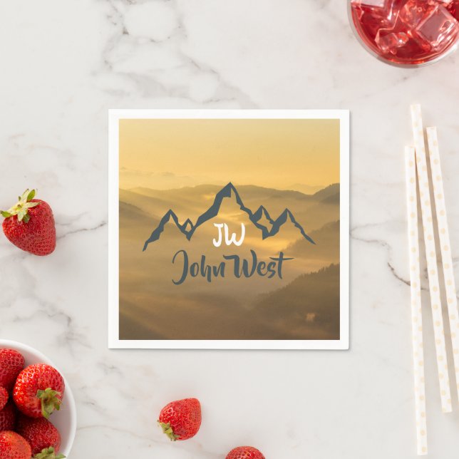 Gold sunrise personalizable mountains monogram napkin (Insitu)