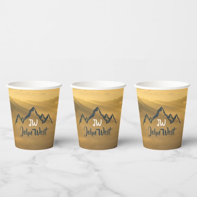 Gold sunrise personalizable mountains monogram paper cups (Multi)