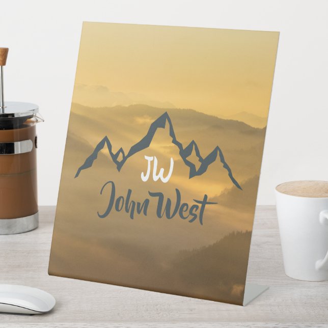 Gold sunrise personalizable mountains monogram pedestal sign (In SItu)