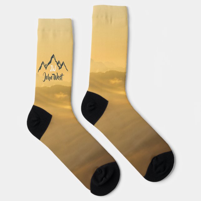 Gold sunrise personalizable mountains monogram socks (Right)
