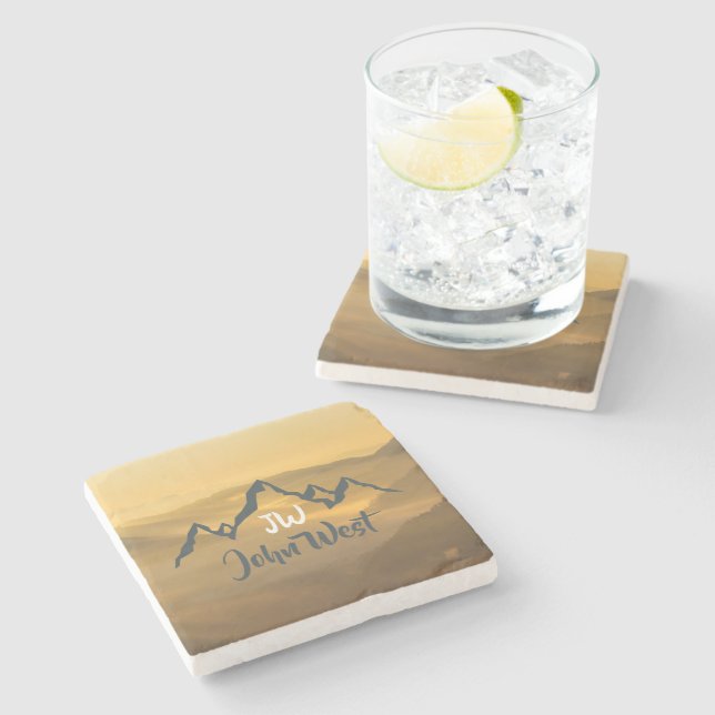 Gold sunrise personalizable mountains monogram stone coaster (Side)