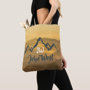 Gold sunrise personalizable mountains monogram tote bag