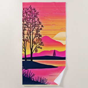 Gold Sunset Over Pink Lake Art Beach Towel