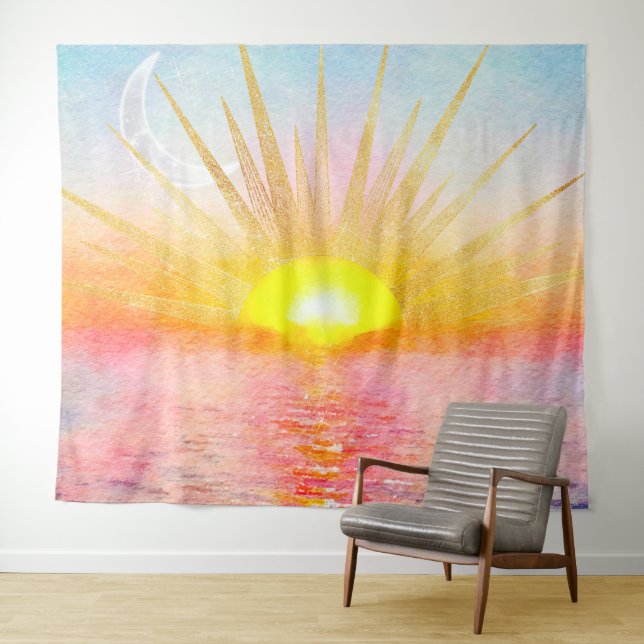 Gold Sunset Sun Mandala Watercolor Sea Tapestry (In Situ (Horizontal))