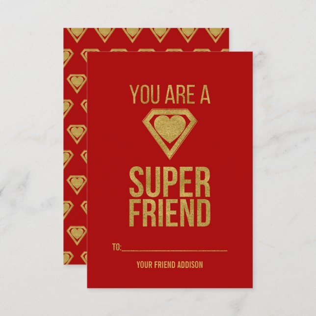 Gold Superhero Friend Classroom Valentine Card Red (Front/Back)
