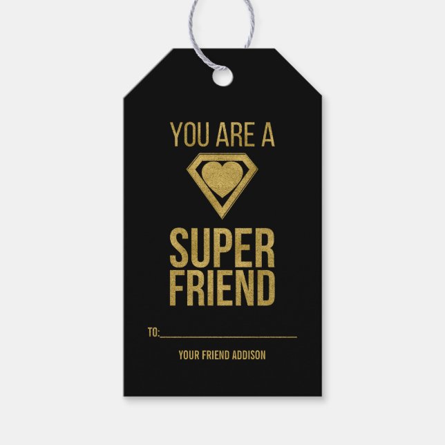 Gold Superhero Friend Classroom Valentine Gift Tag (Front)