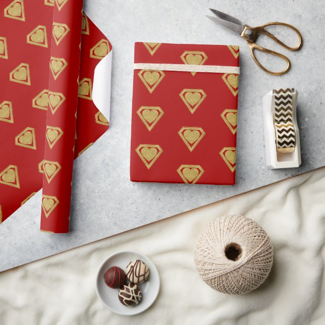 Gold Superhero Friend Valentine Wrapping Paper Red (Crafts)