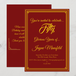 Gold sur Deep Red Anniversaire Fête Invitation