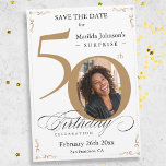 Gold Surprise 50th Birthday Save The Date Invitation<br><div class="desc">Gold Surprise 50th Birthday Save The Date Invitation. An elegantly designed special birthday celebration invitation,  featuring a custom photo of birthday person and script calligraphy with vintage flourish elements. Simple enough to fit a variety of themes and colours!
Need help? Simply contact me!</div>