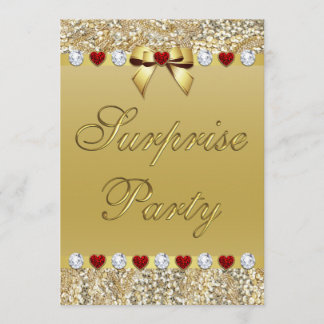 Gold Surprise Party Faux Sequins Hearts Bow Invitation