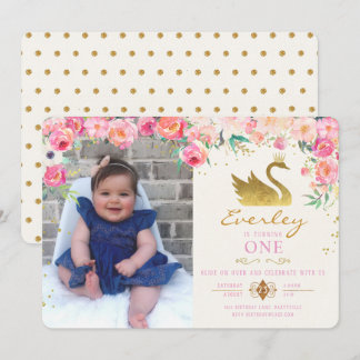 Gold Swan Princess Pink Floral Birthday Invitation