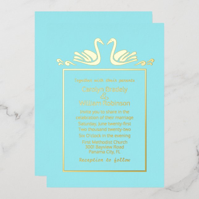 Gold Swans Aqua Mariage Foil Invitation (Recto/Verso)
