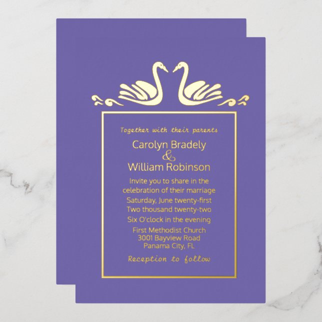 Gold Swans Lavender Wedding Foil Invitation (Front/Back)
