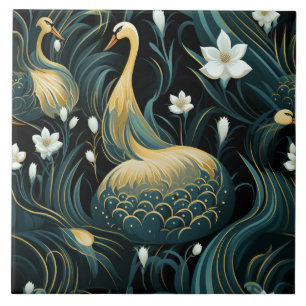 Gold Swans, White Flowers, Chinese Art Influence Tile