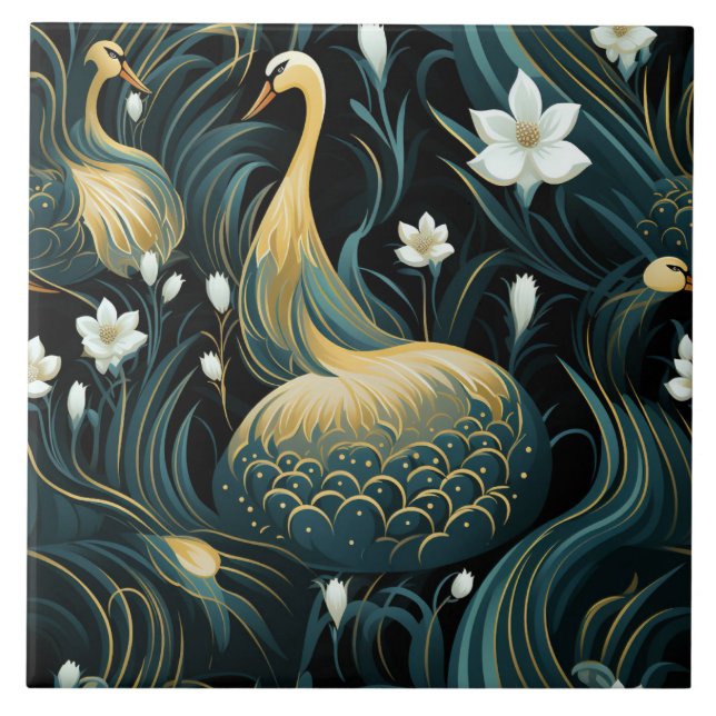 Gold Swans, White Flowers, Chinese Art Influence Tile (Front)