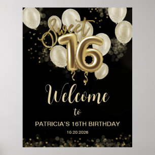 Gold Sweet 16 Ballons Anniversaires Affiche de bie