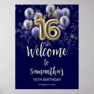 Gold Sweet 16 Bday Balloons Blue Welcome Sign