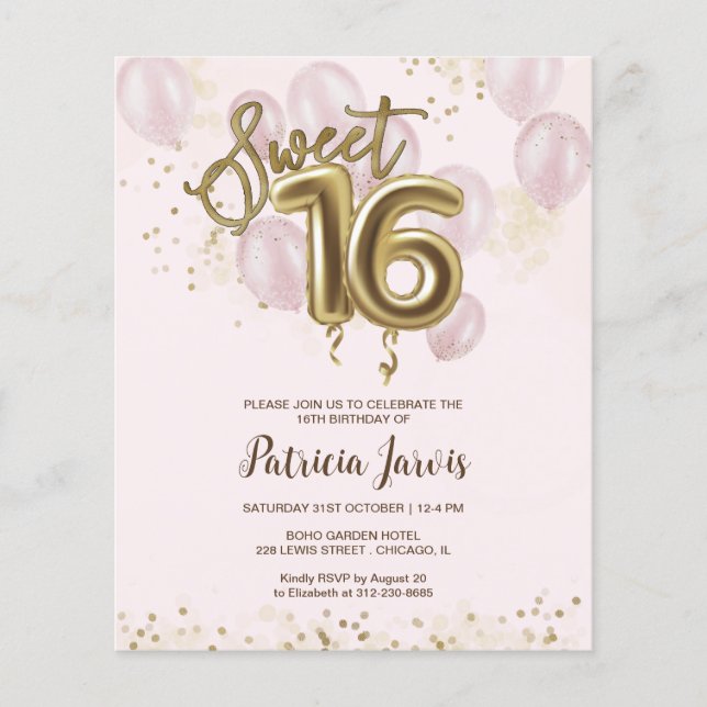 Gold Sweet 16 Bday Balloons Budget Invitations (Front)