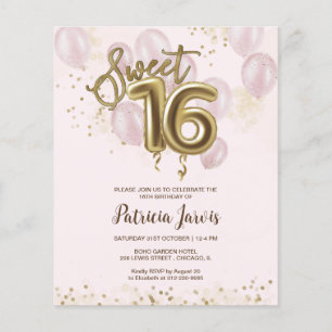 Gold Sweet 16 Bday Balloons Budget Invitations