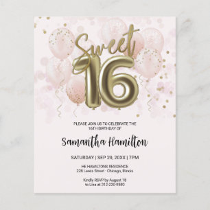 Gold Sweet 16 Bday Balloons Pink Budge Invitation