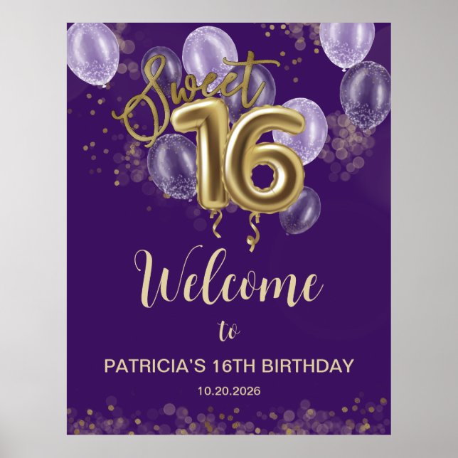 Gold Sweet 16 Bday Balloons Purple Welcome Sign (Front)