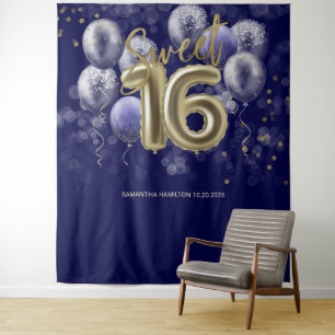 Gold Sweet 16 Bday Balloons Royal Blue Backdrop Tapestry