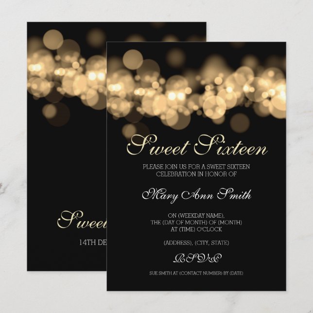 Gold Sweet 16 Birthday Bokeh Lights Invitation (Front/Back)