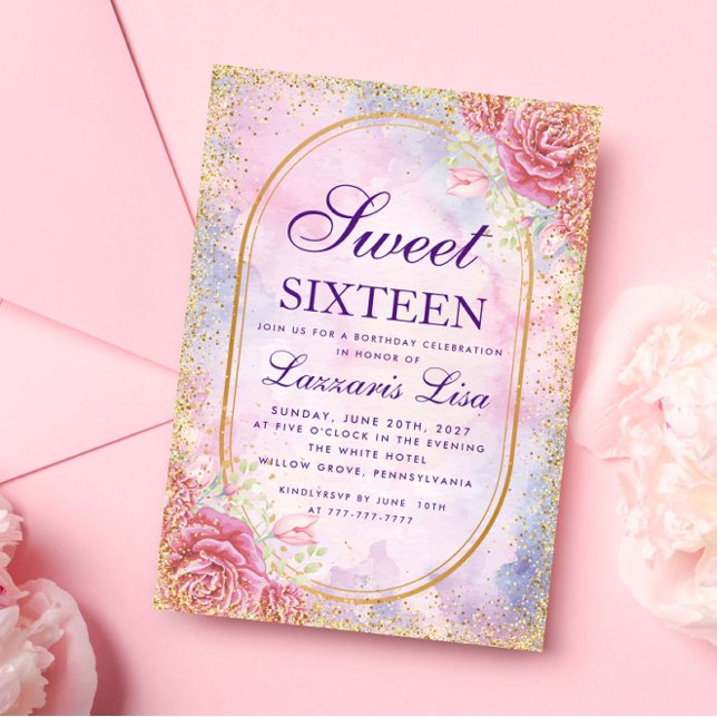 Gold Sweet Sixteen Floral Surprise birthday party Invitation (Creator Uploaded)