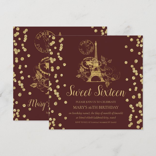 Gold Sweet Sixteen Paris Glitter Confetti Burgundy Invitation (Front/Back)