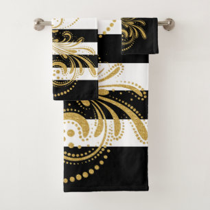 Gold swirl black and white stripes bath towel set