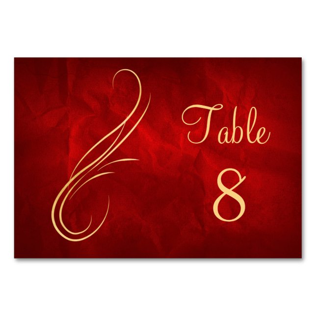 Gold Swirl Bright Red Wedding Table Number (Front)