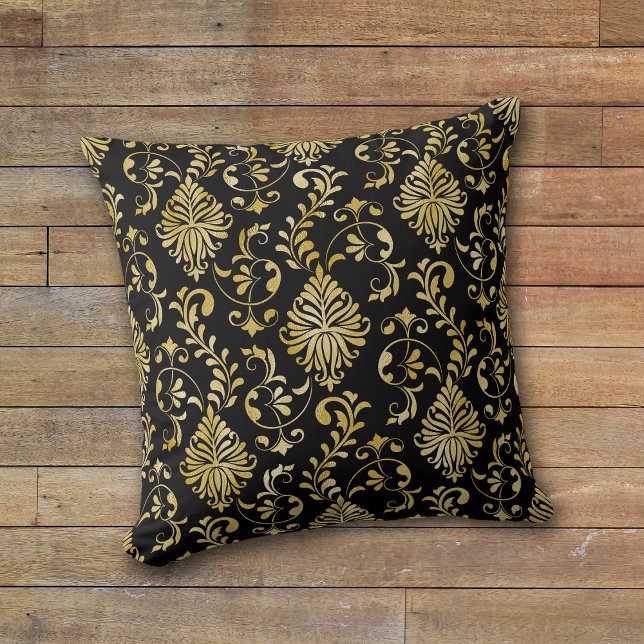 Gold Swirl Damask Pattern on Black Throw Pillow (Creator Uploaded)