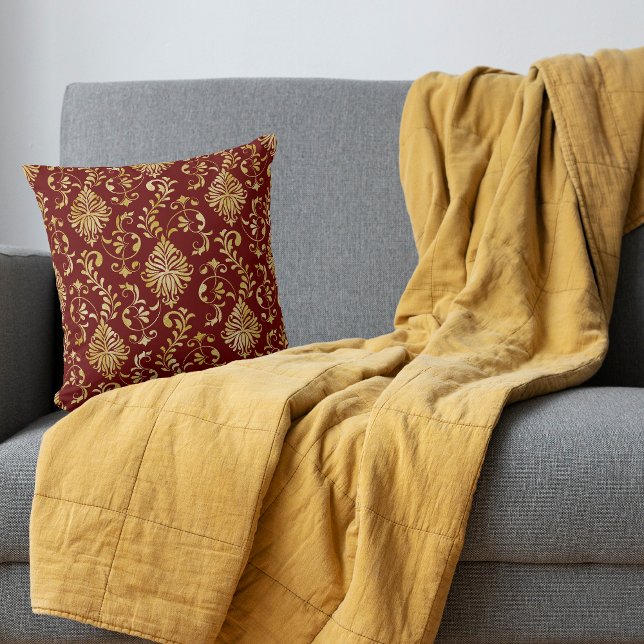 Gold Swirl Damask Pattern on Maroon Red Throw Pillow (Creator Uploaded)