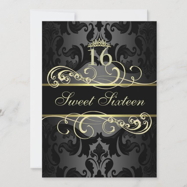 Gold Swirl Damask Sweet16 Birthday Invite (Front)