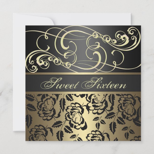 Gold Swirl & Rose Sweet Invitation au 16e annivers (Devant)