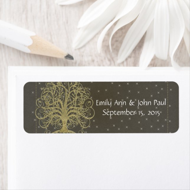 Gold Swirl Tree on Black with Stars Save the Date (Insitu)