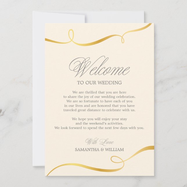 Gold Swirl Wedding Welcome Note | Custom Colour Invitation (Front)