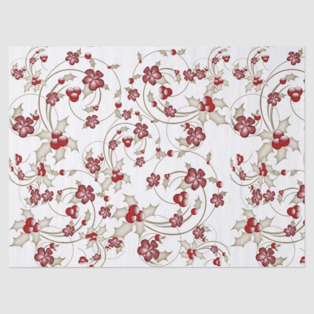 Gold Swirls and Burgundy Holly On White  Tissue Pa Tissue Paper (Front)