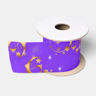 Gold Swirls and Stars Purple Christmas Satin Ribbon