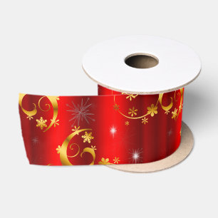 Gold Swirls and Stars Red Christmas Satin Ribbon