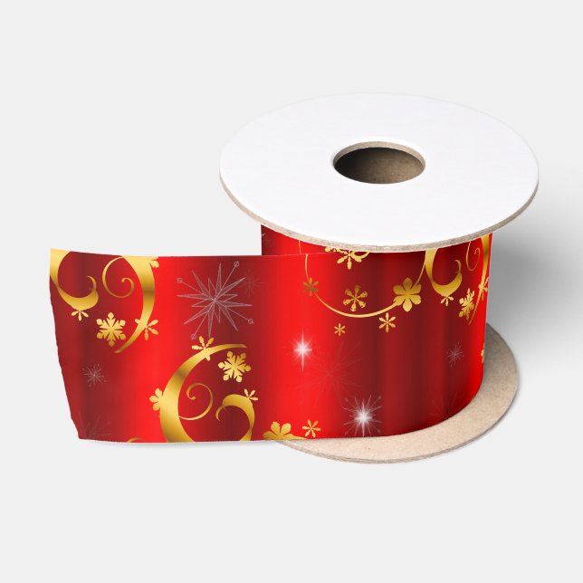 Gold Swirls and Stars Red Christmas Satin Ribbon (Spool)