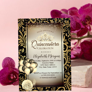 Gold Swirls,Balloons,High Heels,Tiara Quinceañera Invitation