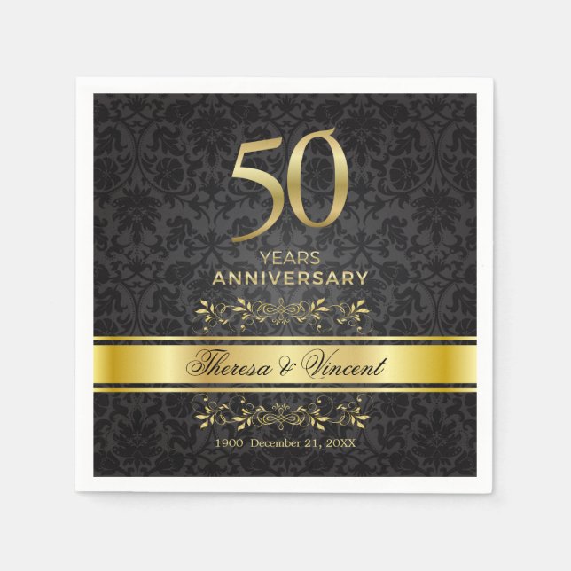 Gold Swirls Black Damask 50 Wedding Anniversary Napkin (Front)