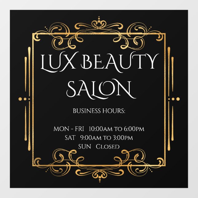 Gold Swirls Black Elegant Business Opening Hours Window Cling (Sheet)