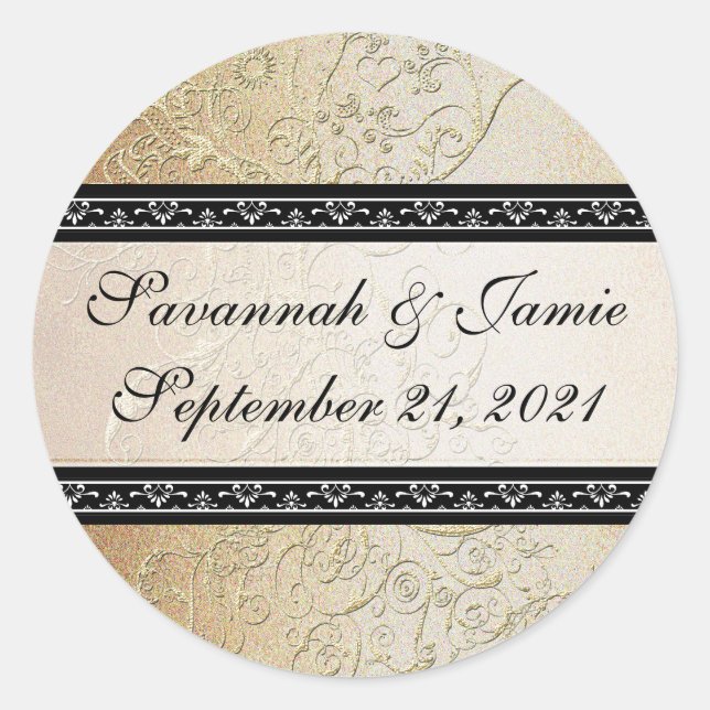Gold Swirls Black Font Wedding sticker (Front)