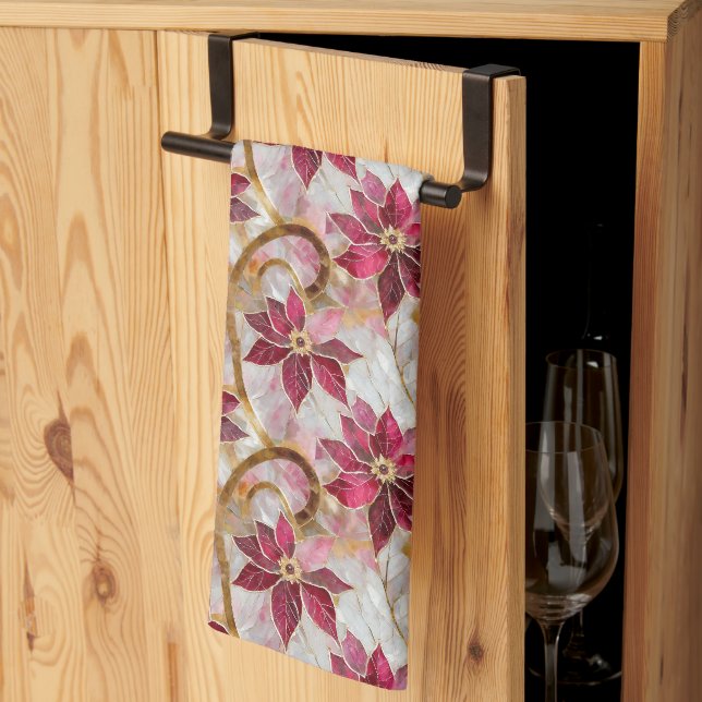 Gold Swirls Burgundy Pink Christmas Poinsettias Kitchen Towel (Thirds Fold)